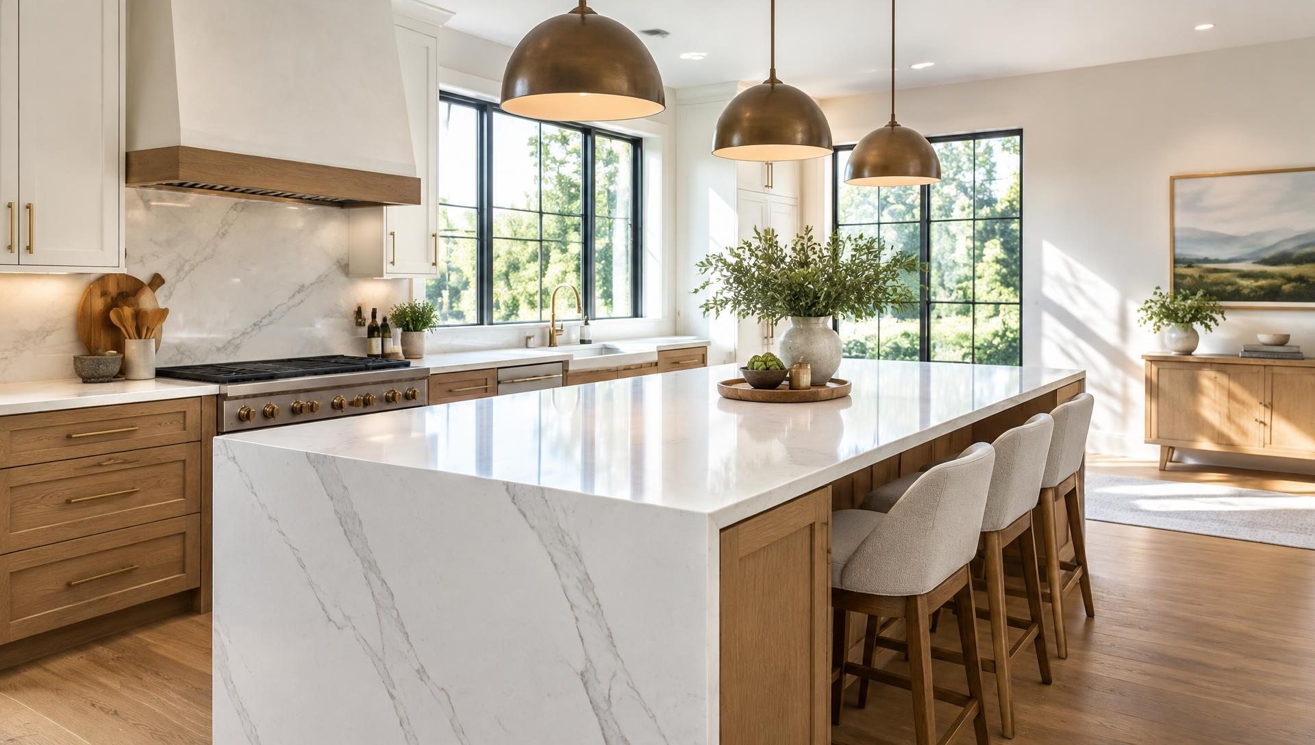 Bright kitchen with a large veined white quartz island and natural oak cabinetry