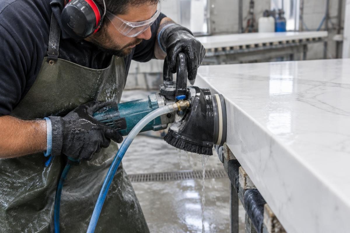 Illustrative Stone fabricator with protective glasses wet polishing a countertop edge