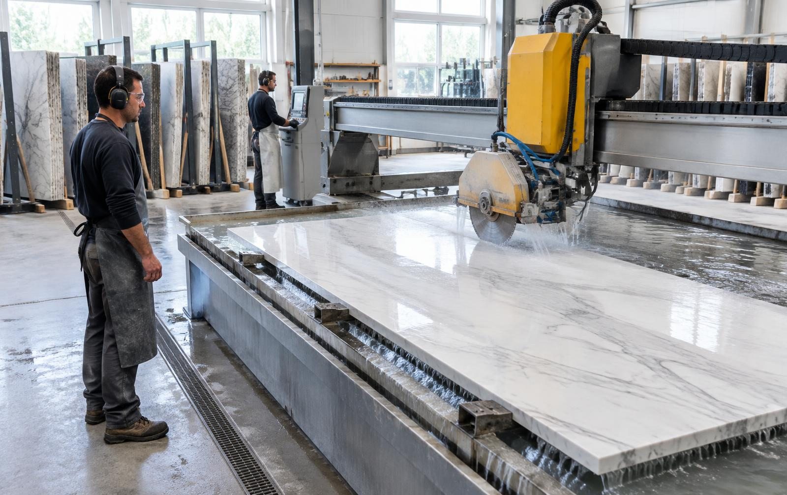 Illustrative stone workshop with a water-cooled slab cutting machine and workers wearing protective equipment